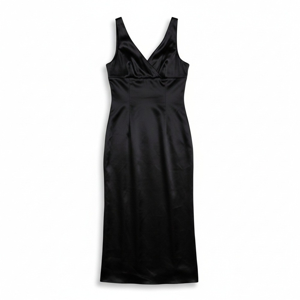 Bebe Midi Dress Large Black Satin V-Neck Sleeveless Cocktail Minimalist